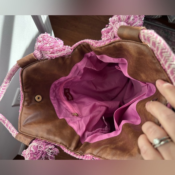 Handwoven Pink Boho Tote Bag | Artisan Woven Market Bag | Cotton Rope Handles - Picture 5 of 6